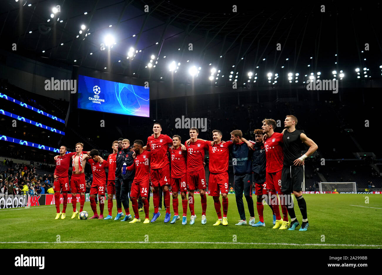 Bayern Munich players celebrate the results at the end of the UEFA Champions League match at Tottenham Hotspur Stadium, London Stock Photo