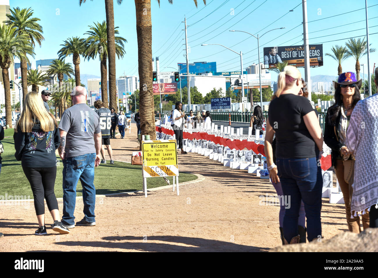 Las Vegas, NV, USA. 1st Oct, 2019. Friends and family of victims gather to receive Zanis Crosses For Losses on the Las Vegas strip on the two-year anniversary of the Las Vegas shooting in Las Vegas, Nevada on October 1, 2019. Credit: Damairs Carter/Media Punch/Alamy Live News Stock Photo