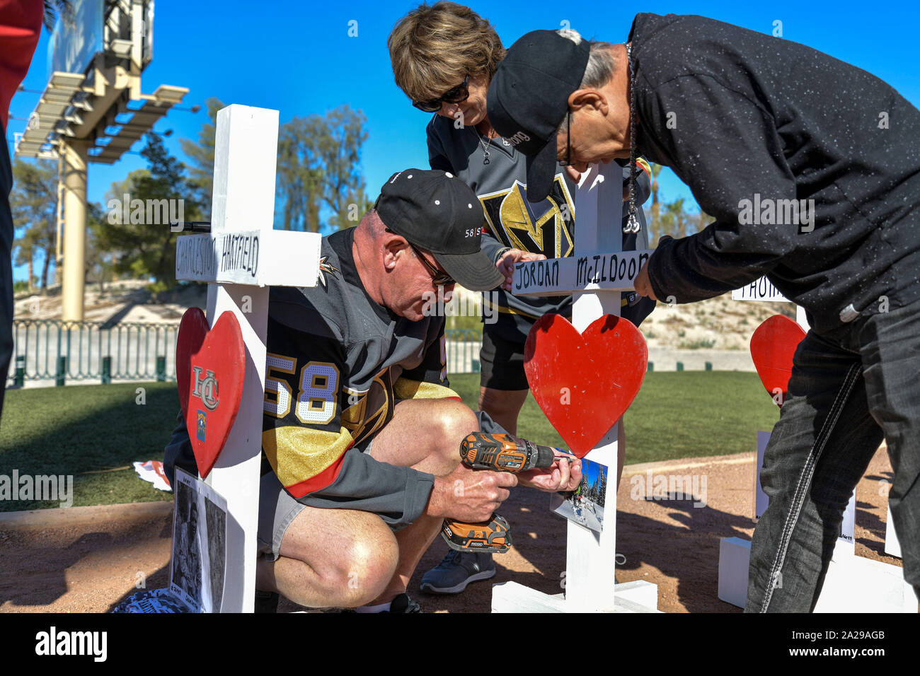Las Vegas, NV, USA. 1st Oct, 2019. Friends and family of victims gather to receive Zanis Crosses For Losses on the Las Vegas strip on the two-year anniversary of the Las Vegas shooting in Las Vegas, Nevada on October 1, 2019. Credit: Damairs Carter/Media Punch/Alamy Live News Stock Photo