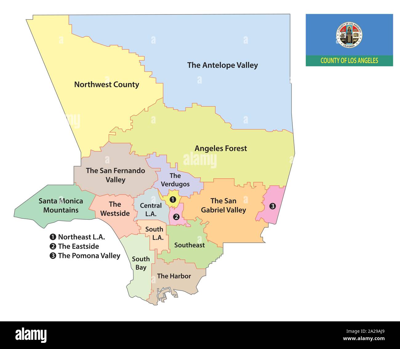 los angeles county regions map with flag Stock Vector