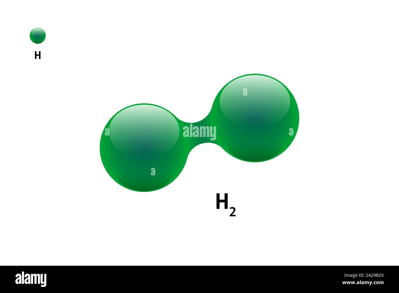 Chemistry model of molecule hydrogen H2 scientific element. Integrated particles natural inorganic 3d molecular structure compound. Two green volume atom spheres vector illustration isolated Stock Vector