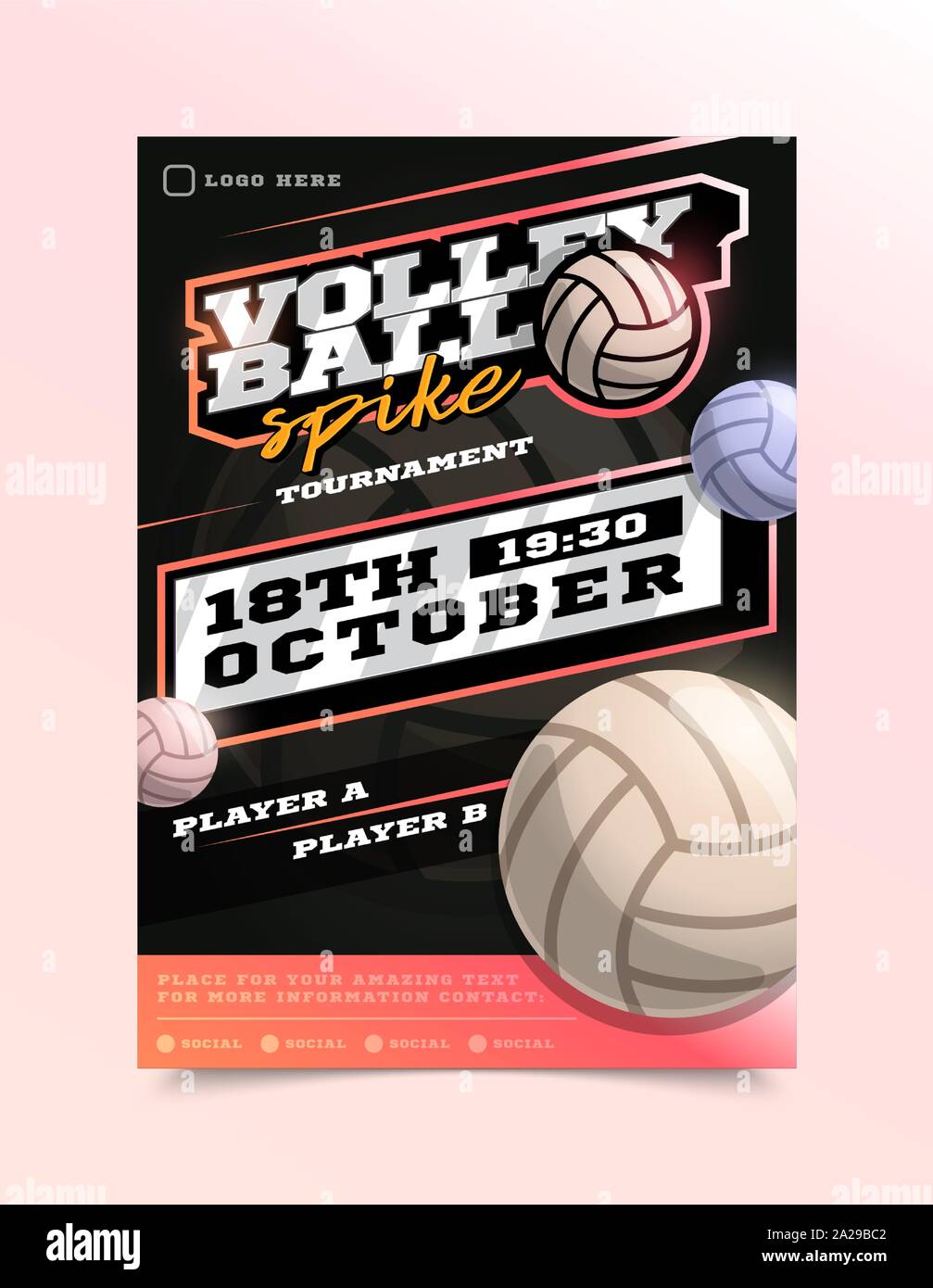 Volleyball Sport Flyer Vector. Vertical Card Poster Design For Sport Bar Promotion. Tournament Flyer. Invitation Illustration. Stock Vector