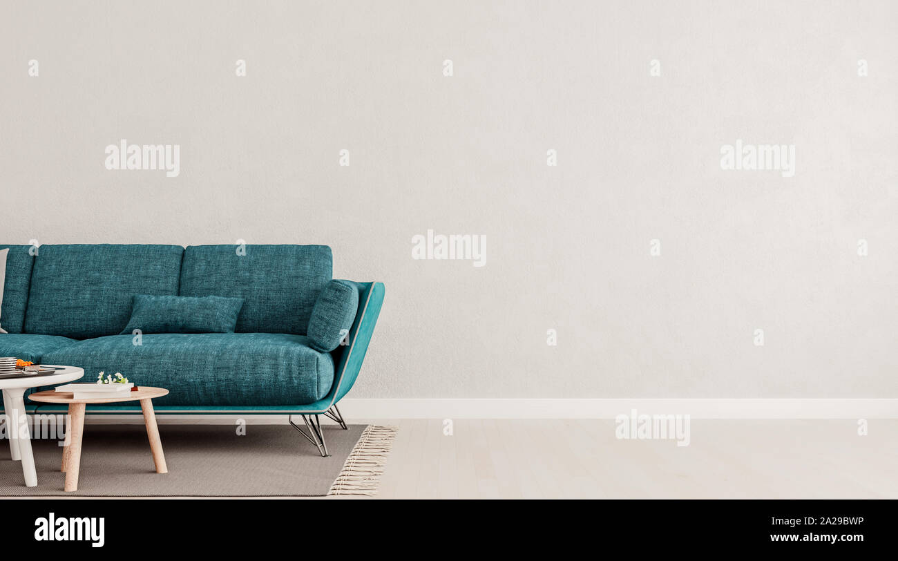 Living room interior wall mock up with teal blue sofa, empty white wall with free space on right, 3D render, 3D illustration Stock Photo