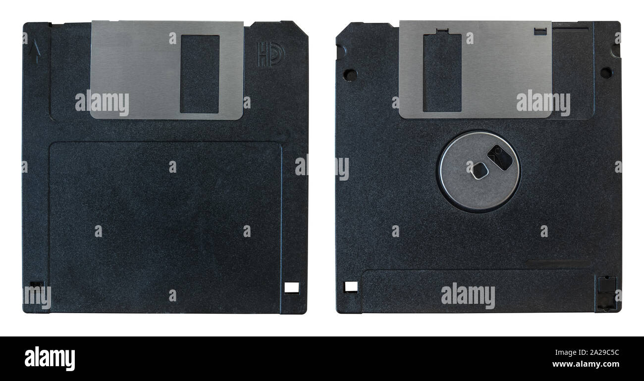 The Front And Back Of An Old Computer Floppy Disk On A White Background Stock Photo
