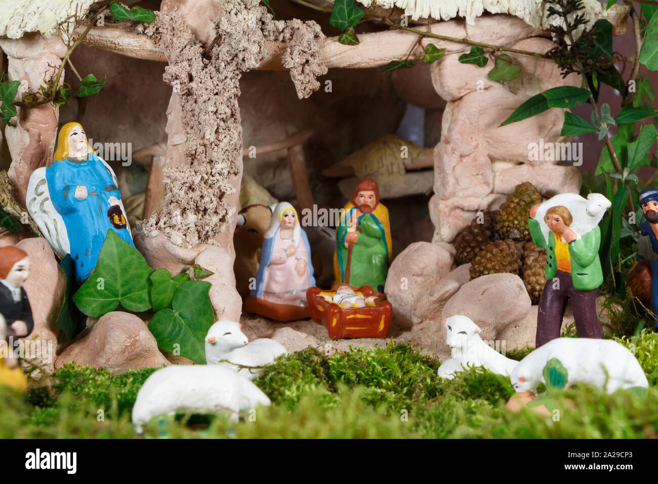 Nativity Scene With Provencal Christmas Crib Figures In Terracotta