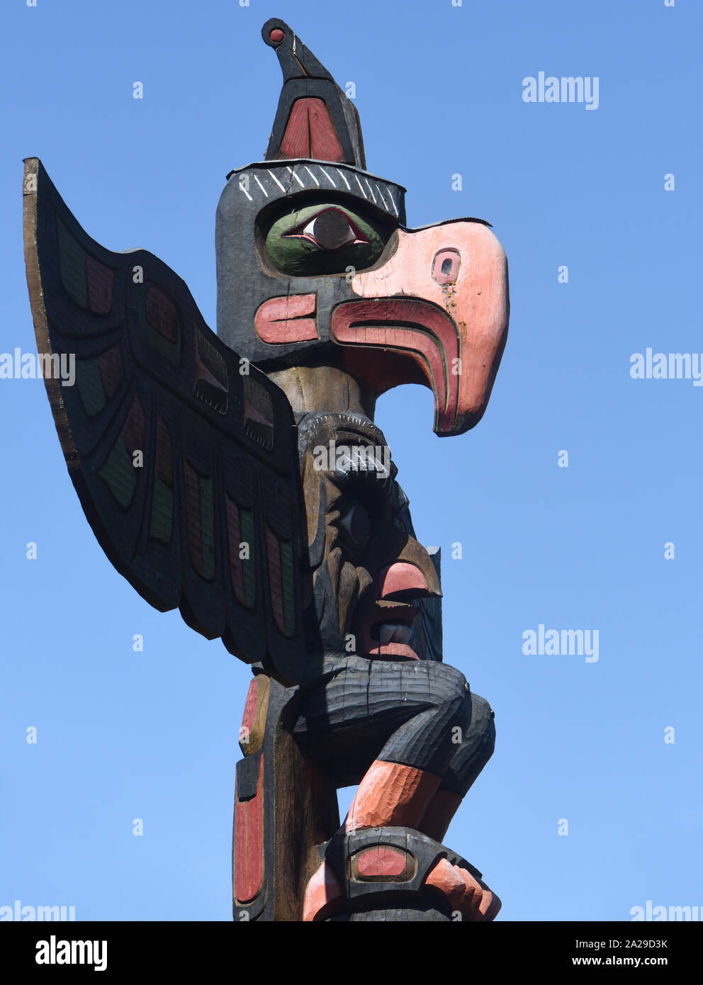 Detail of a totem pole in Thunderbird Park. ,  Victoria, British Columbia, Canada. Stock Photo