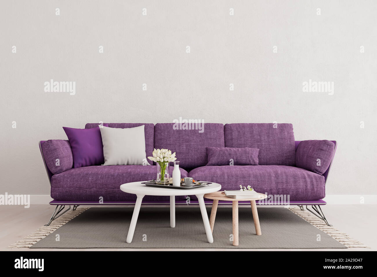 Living room interior wall mock up with purple violet sofa, empty white wall with free space above on top, 3D render, 3D illustration Stock Photo