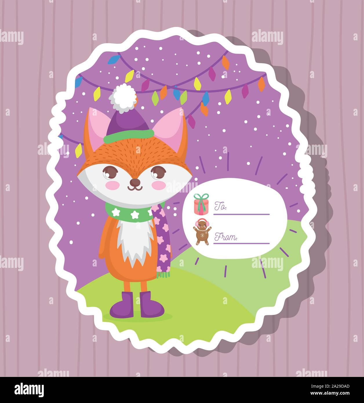 happy merry christmas tag gift fox lights snow vector illustration ...