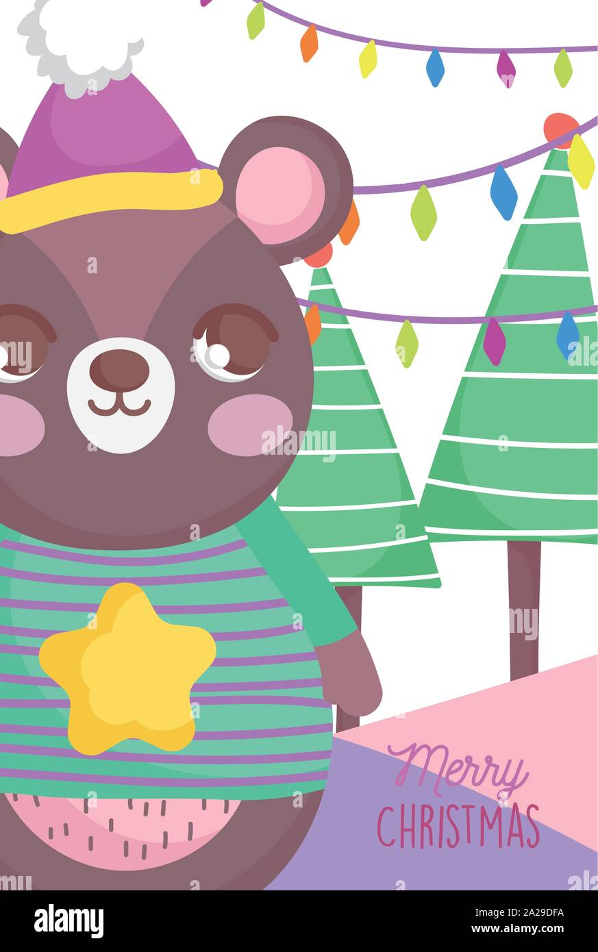 cute bear garland tree happy christmas tags vector illustration Stock ...