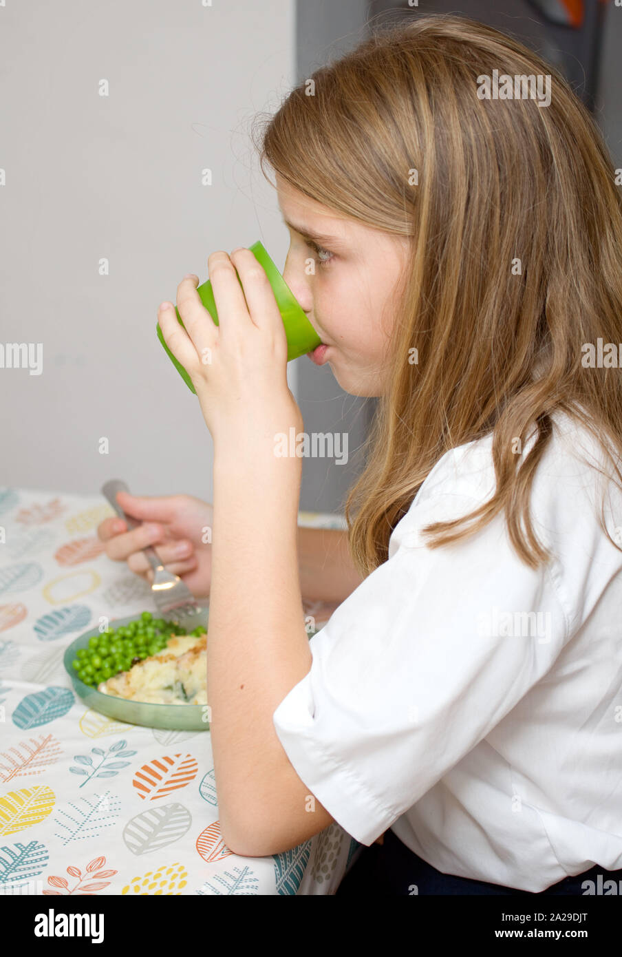 11 year old girl drinking water at the dinner table Stock Photo