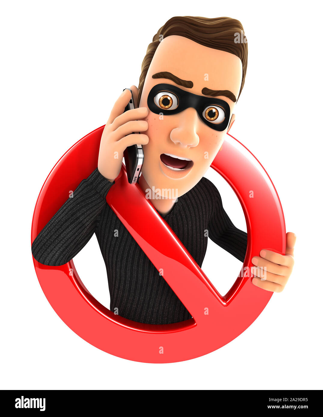 3d thief on phone surrounded by a forbidden sign, illustration with isolated white background Stock Photo