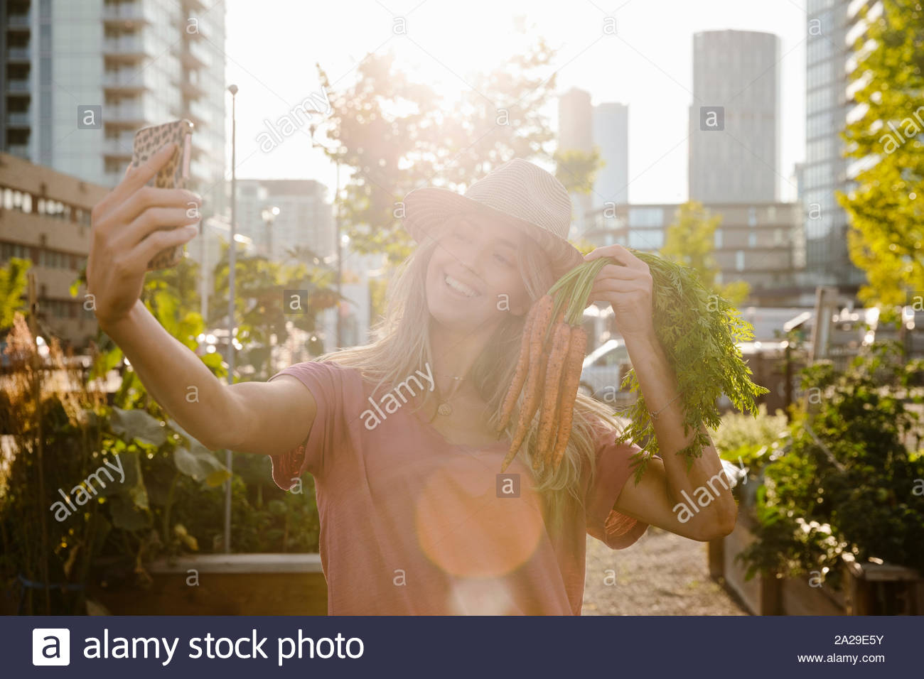 Playful young woman with carrots taking selfie with camera phone in sunny, urban community garden Stock Photo