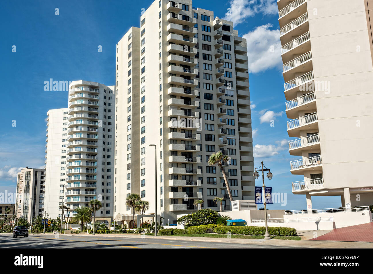 A wall of condominiums along the Atlantic beach front in Daytona Beach