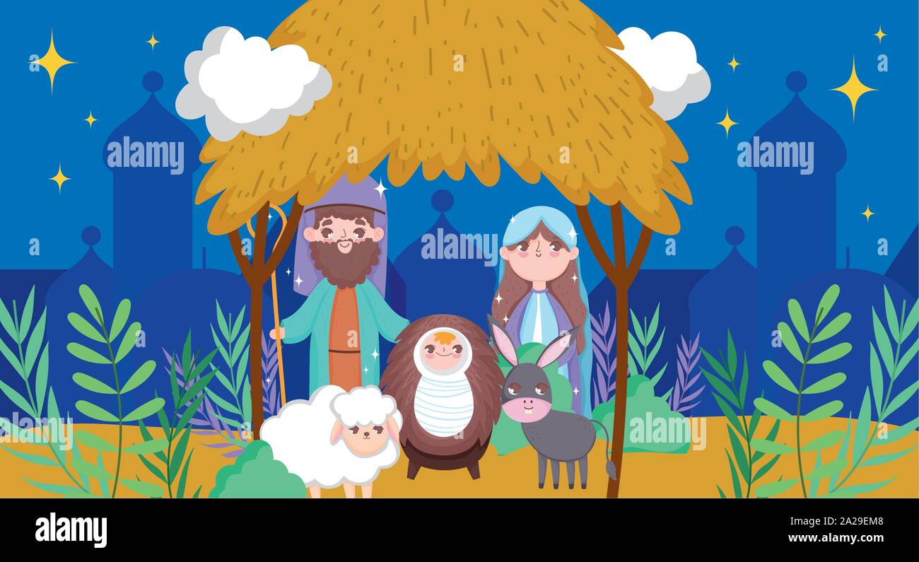 manger sacred family nativity happy merry christmas vector illustration