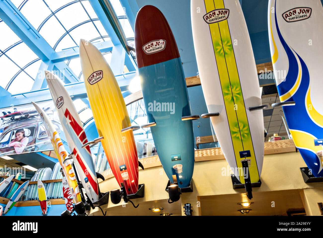 Surfboards inside the world famous Ron Jon Surf Shop in Cocoa Beach, Florida. Stock Photo