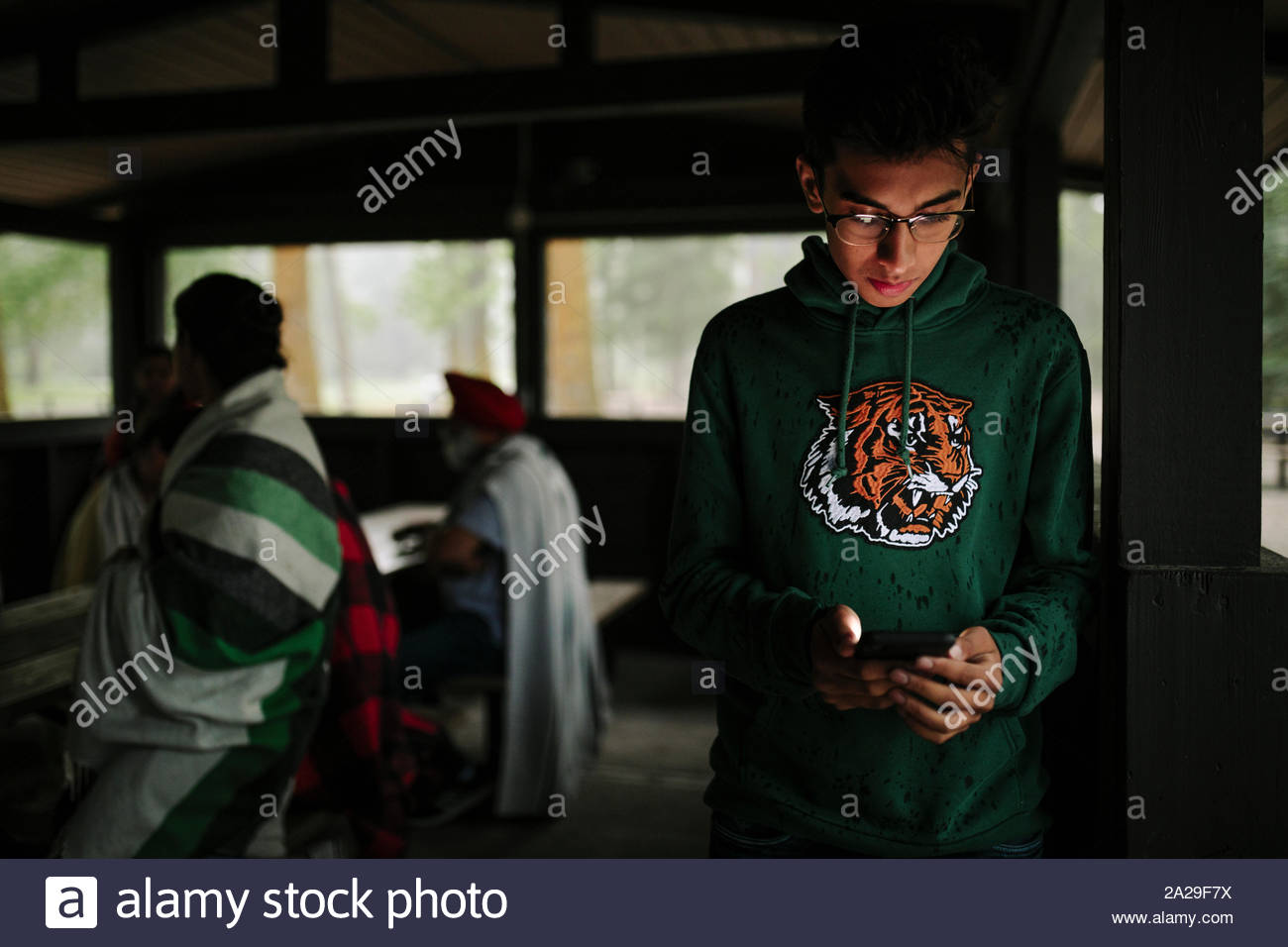 Portrait of Indian teenager using smartphone in log cabin Stock Photo