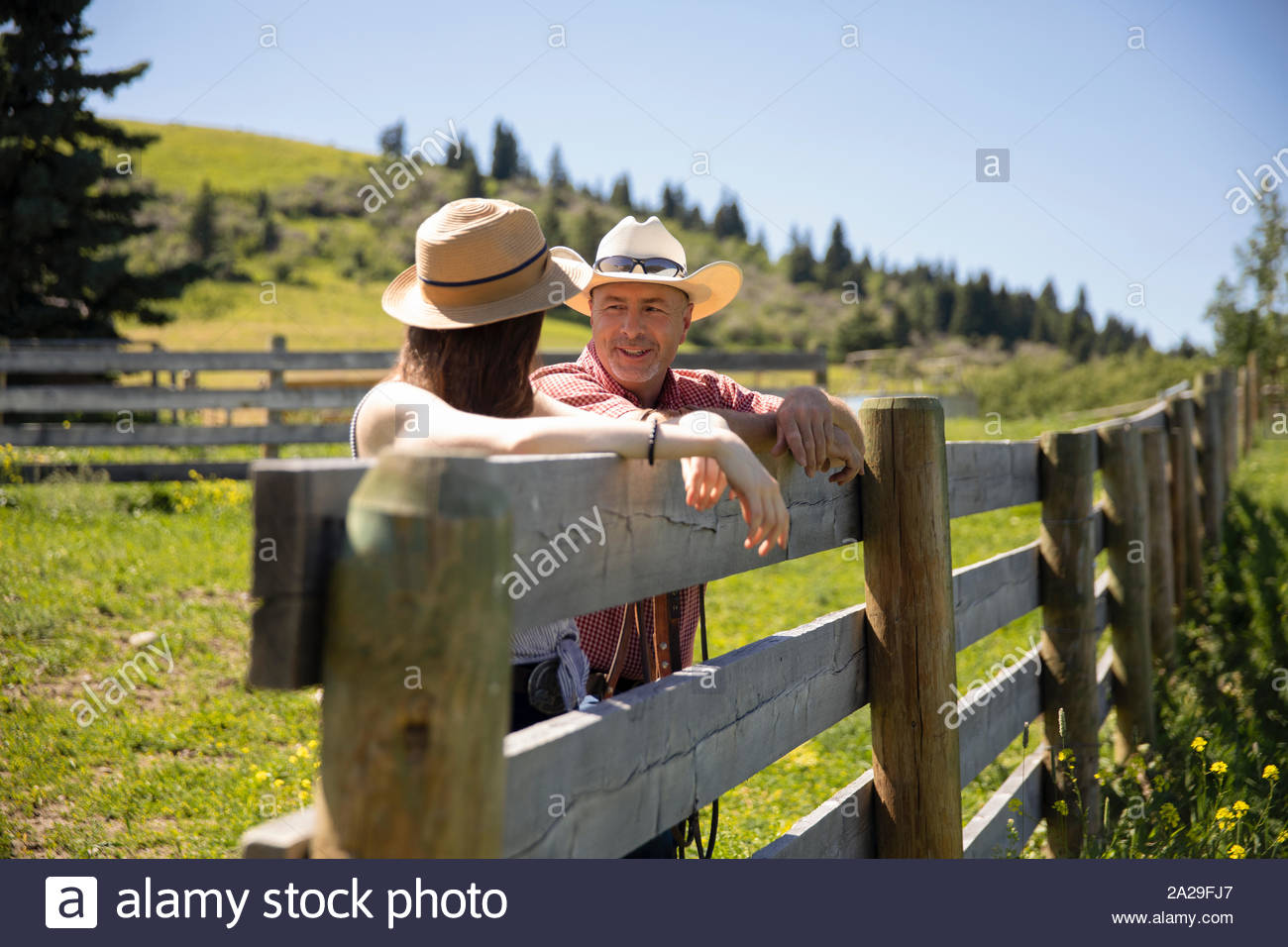 Ranch owner talking to daughter in field Stock Photo