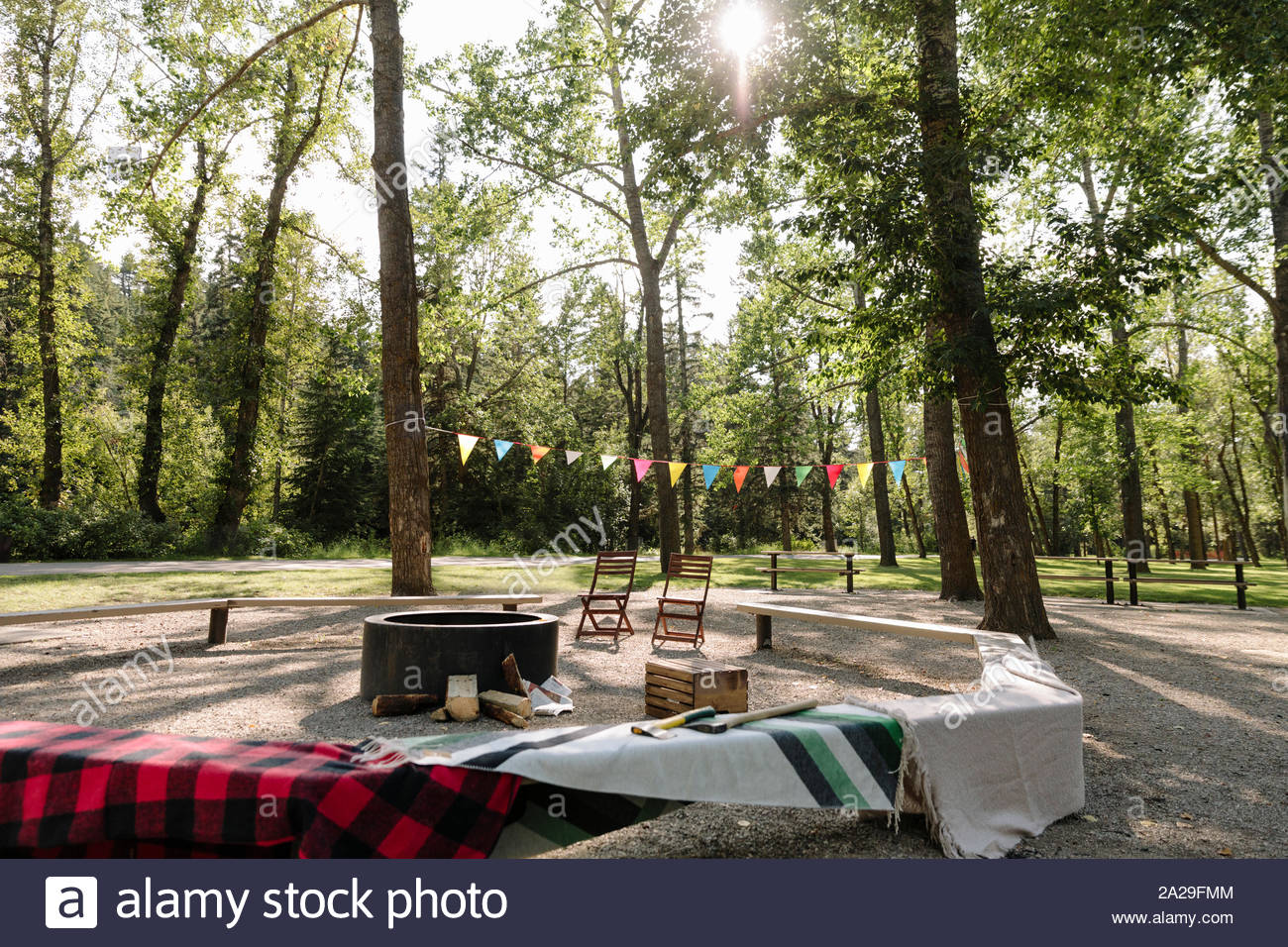 Picnic area with bunting in urban park Stock Photo