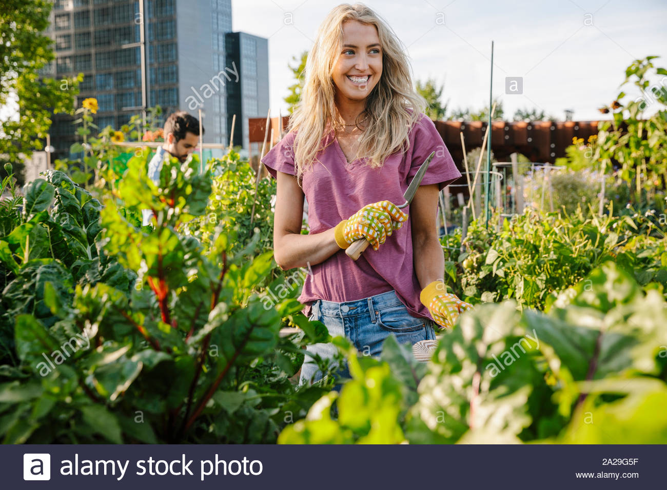 Portrait happy young woman in urban, sunny community garden Stock Photo