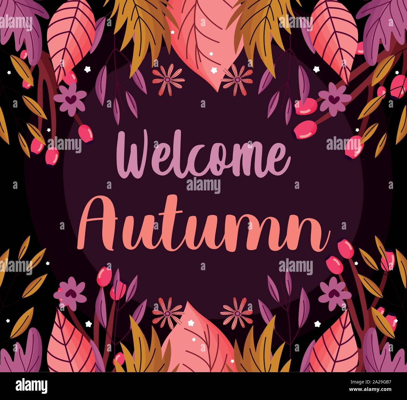 welcome autumn leaves berries foliage flower season vector illustration ...