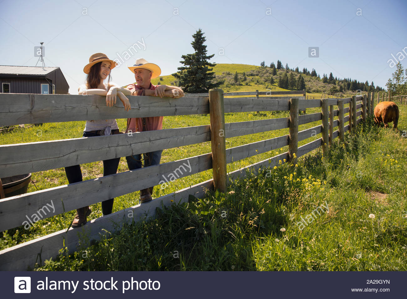 Ranch owner talking to daughter by wooden fence Stock Photo