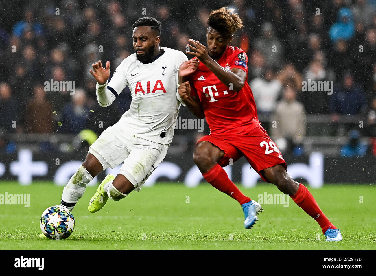 Danny Rose from Tottenham Hotspur (L) and Kingsley Coman from Bayern Munich (R) are seen in action during the UEFA Champions League (Group B) match between Tottenham Hotspur and Bayern Munich.(Final score; Tottenham Hotspur 2:7 Bayern Munich) Stock Photo