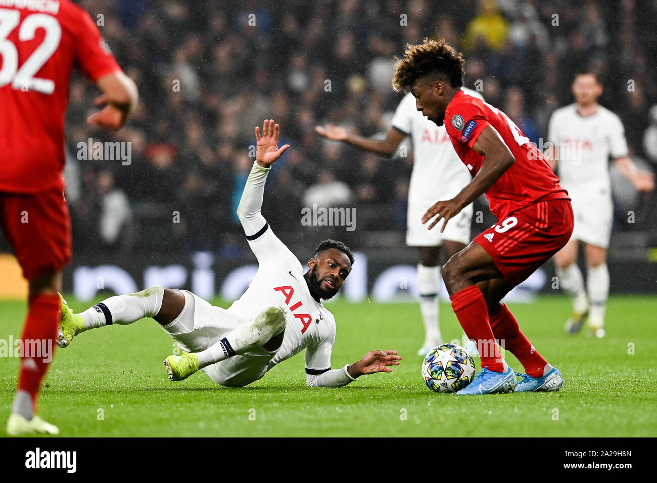 Danny Rose from Tottenham Hotspur (L) and Kingsley Coman from Bayern Munich (R) are seen in action during the UEFA Champions League (Group B) match between Tottenham Hotspur and Bayern Munich.(Final score; Tottenham Hotspur 2:7 Bayern Munich) Stock Photo