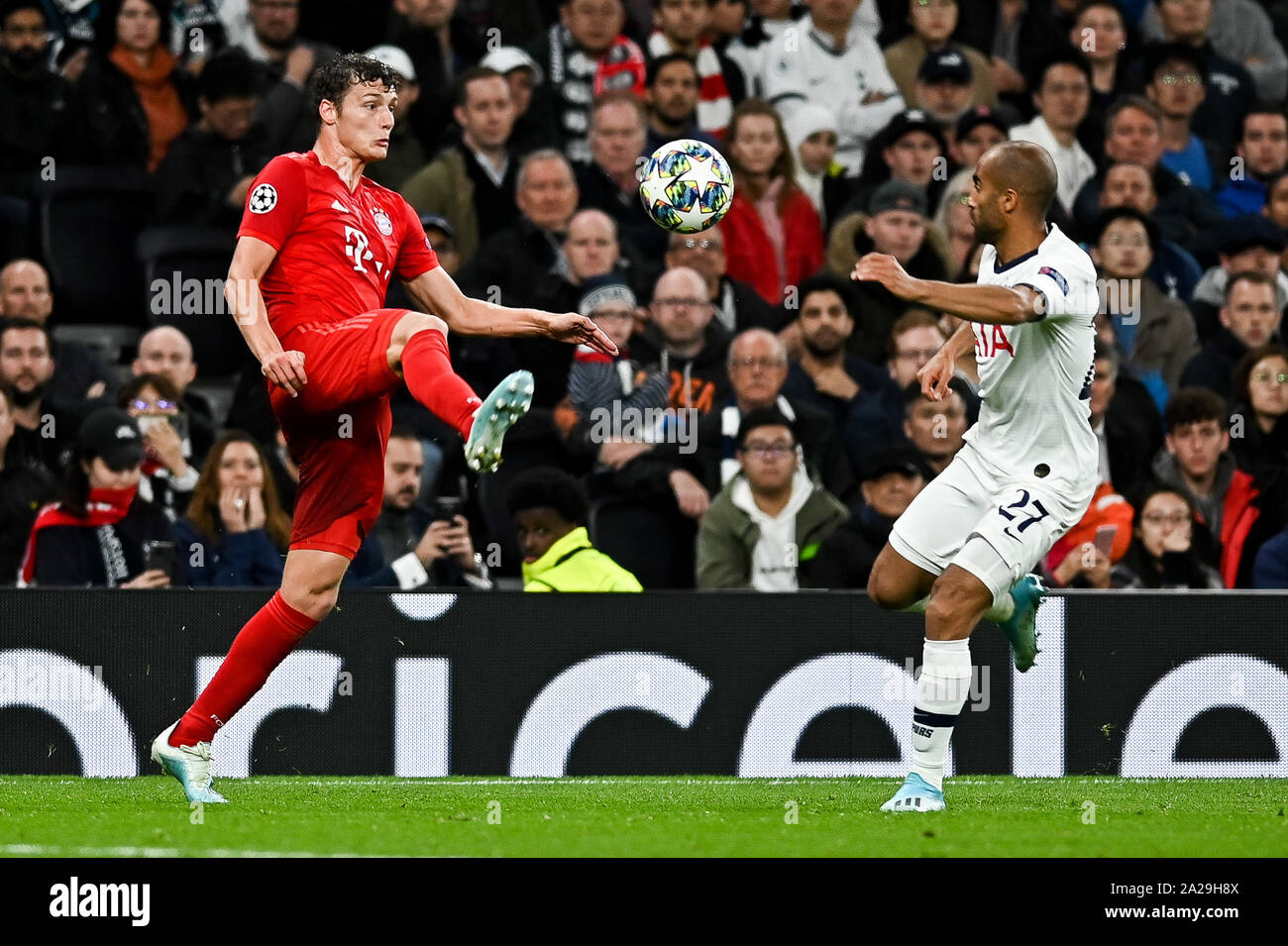 Benjamin Pavard from Bayern Munich (L) and Lucas Moura from Tottenham Hotspur (R) are seen in action during the UEFA Champions League (Group B) match between Tottenham Hotspur and Bayern Munich.(Final score; Tottenham Hotspur 2:7 Bayern Munich) Stock Photo