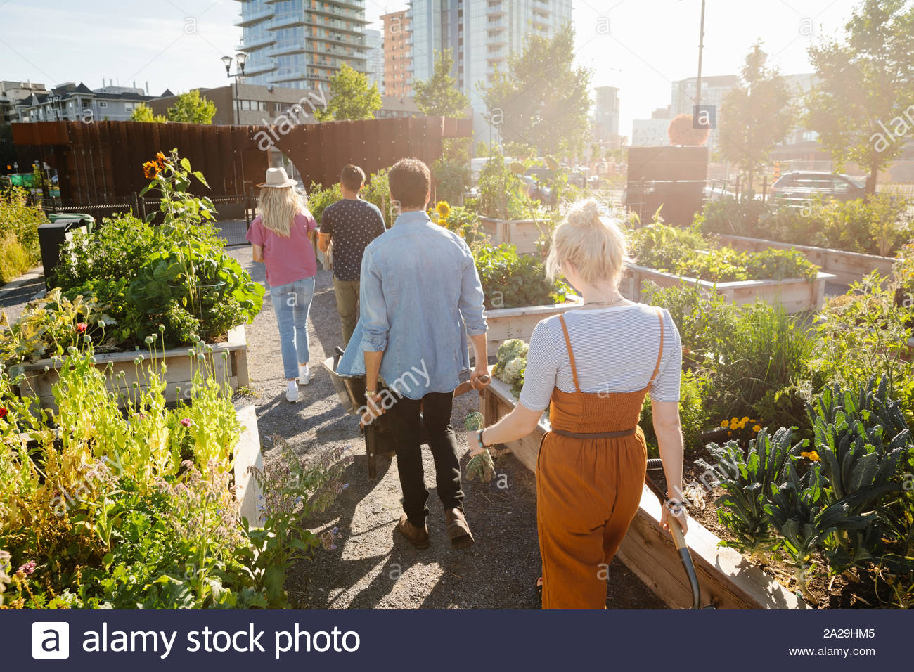 Young adult friends walking in sunny, urban community garden Stock Photo