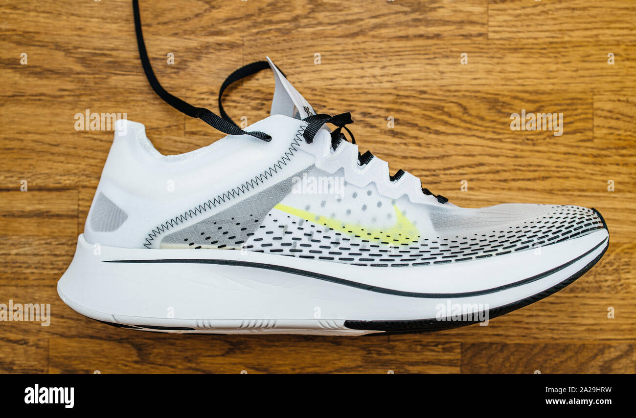 Paris, France - Jul 8, 2019: Side view of new professional Nike Zoom Fly SP  Fast running sport shoe on wooden floor Stock Photo - Alamy