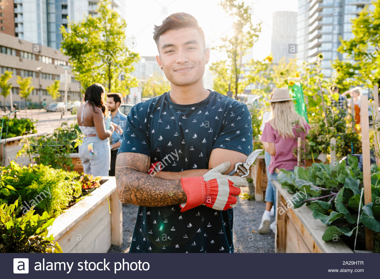 Portrait confident young man with pruning shears in sunny, urban community garden Stock Photo
