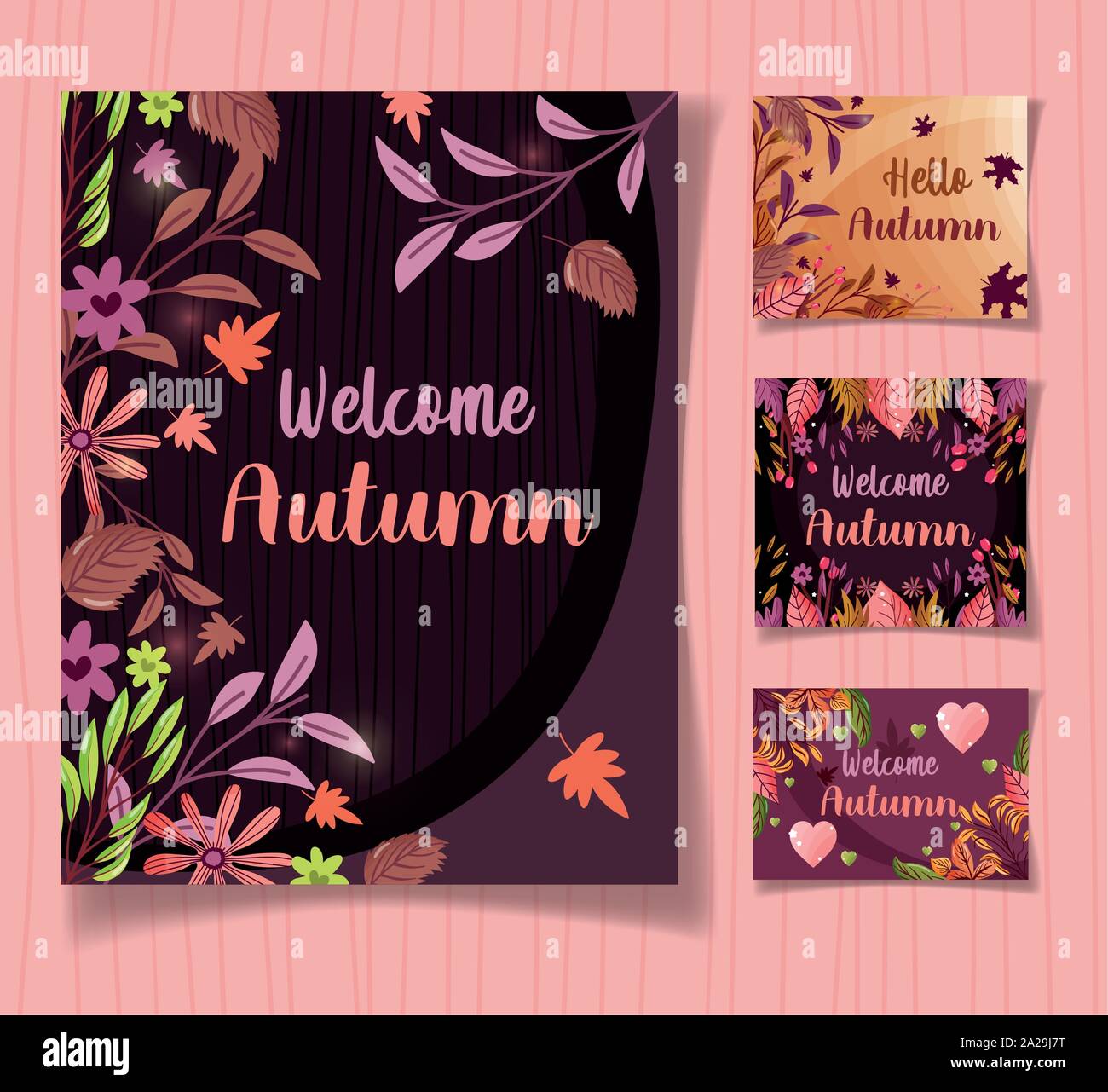welcome autumn leaves season collection cards vector illustration Stock ...