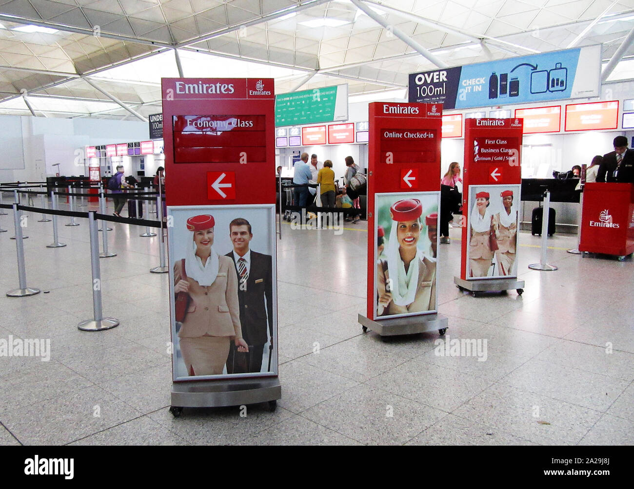 Emirates airline check in desk seen at London Stansted Airport Stock