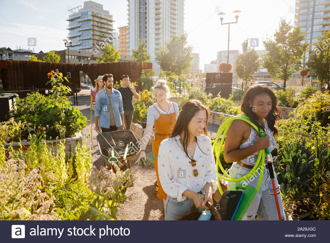 Young adult friends walking with equipment in sunny, urban community garden Stock Photo