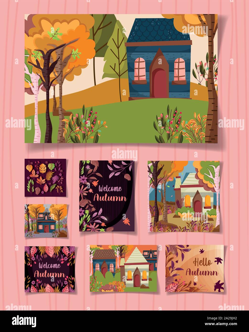 welcome autumn leaves season collection cards vector illustration Stock ...