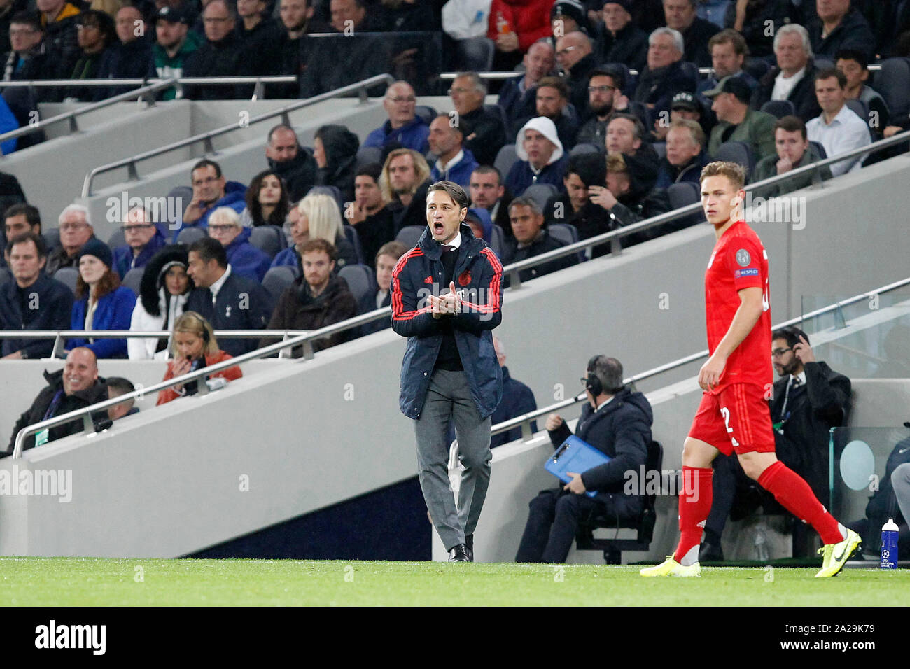 London, UK. 01st Oct, 2019. FC Bayern Munich manager, Niko Kovac encourages  the team during the UEFA Champions League group stage match between  Tottenham Hotspur and Bayern Munich at Tottenham Hotspur Stadium,