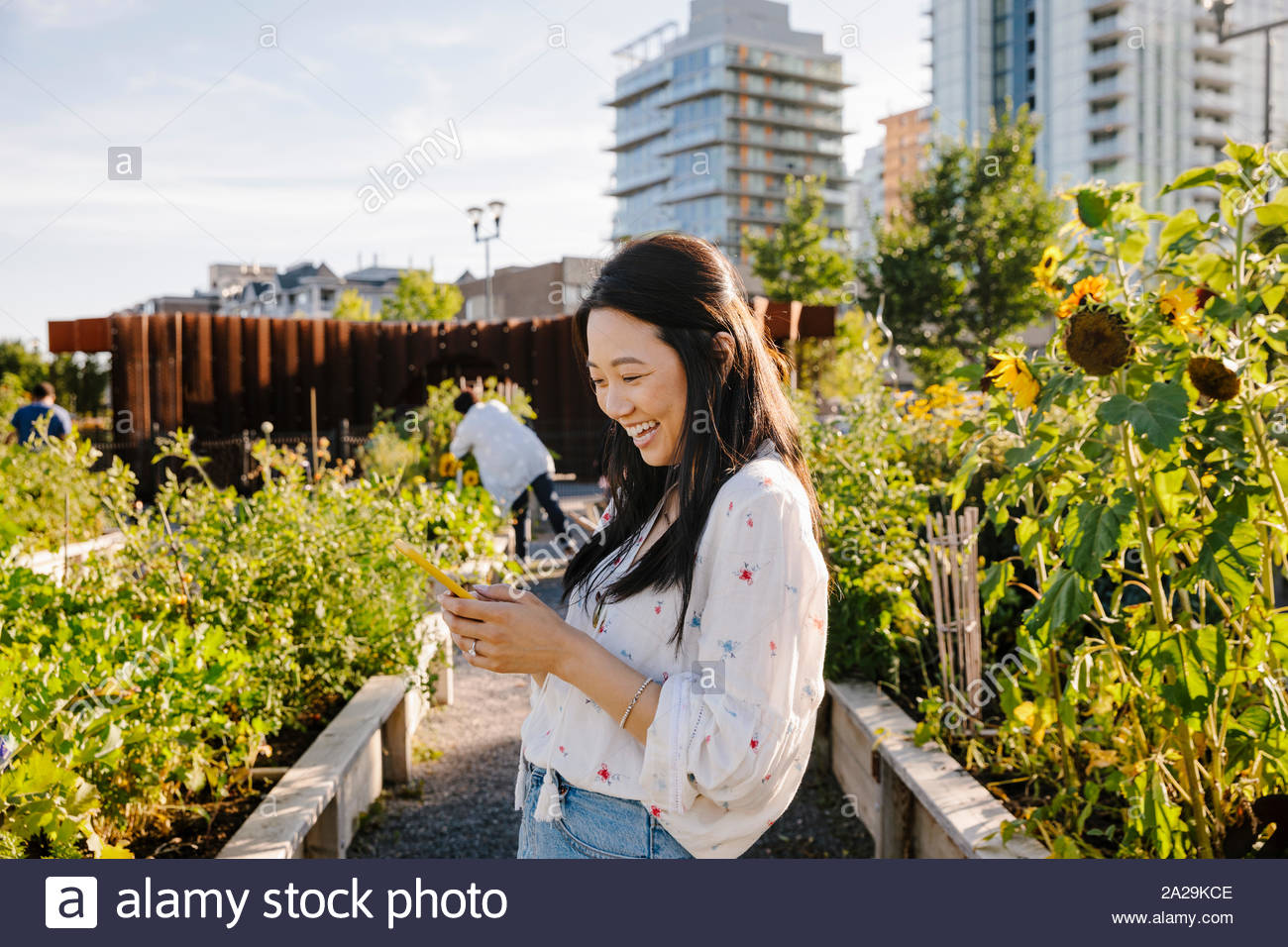 Happy young woman using smart phone in sunny, urban community garden Stock Photo