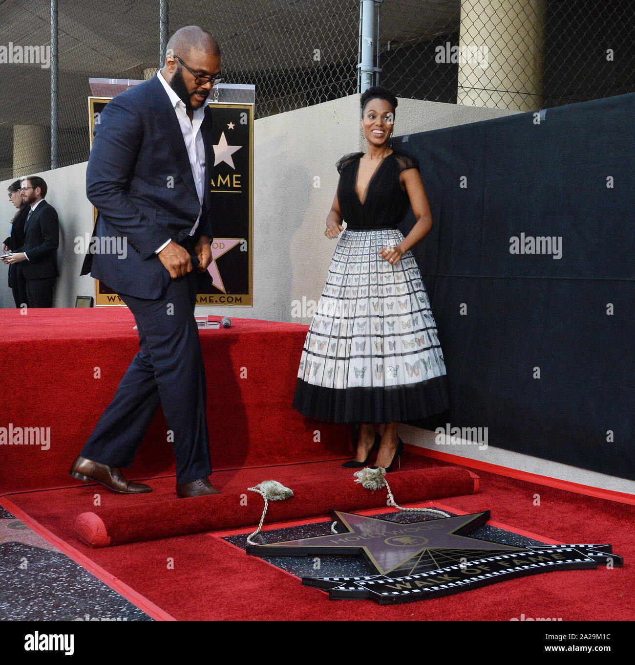 Los Angeles, United States. 01st Oct, 2019. Actor and filmmaker Tyler Perry is joined by actress Kerry Washington during an unveiling ceremony honoring him with the 2,675th star on the Hollywood Walk of Fame in Los Angeles on Tuesday, October 1, 2019. Photo by Jim Ruymen/UPI Credit: UPI/Alamy Live News Stock Photo