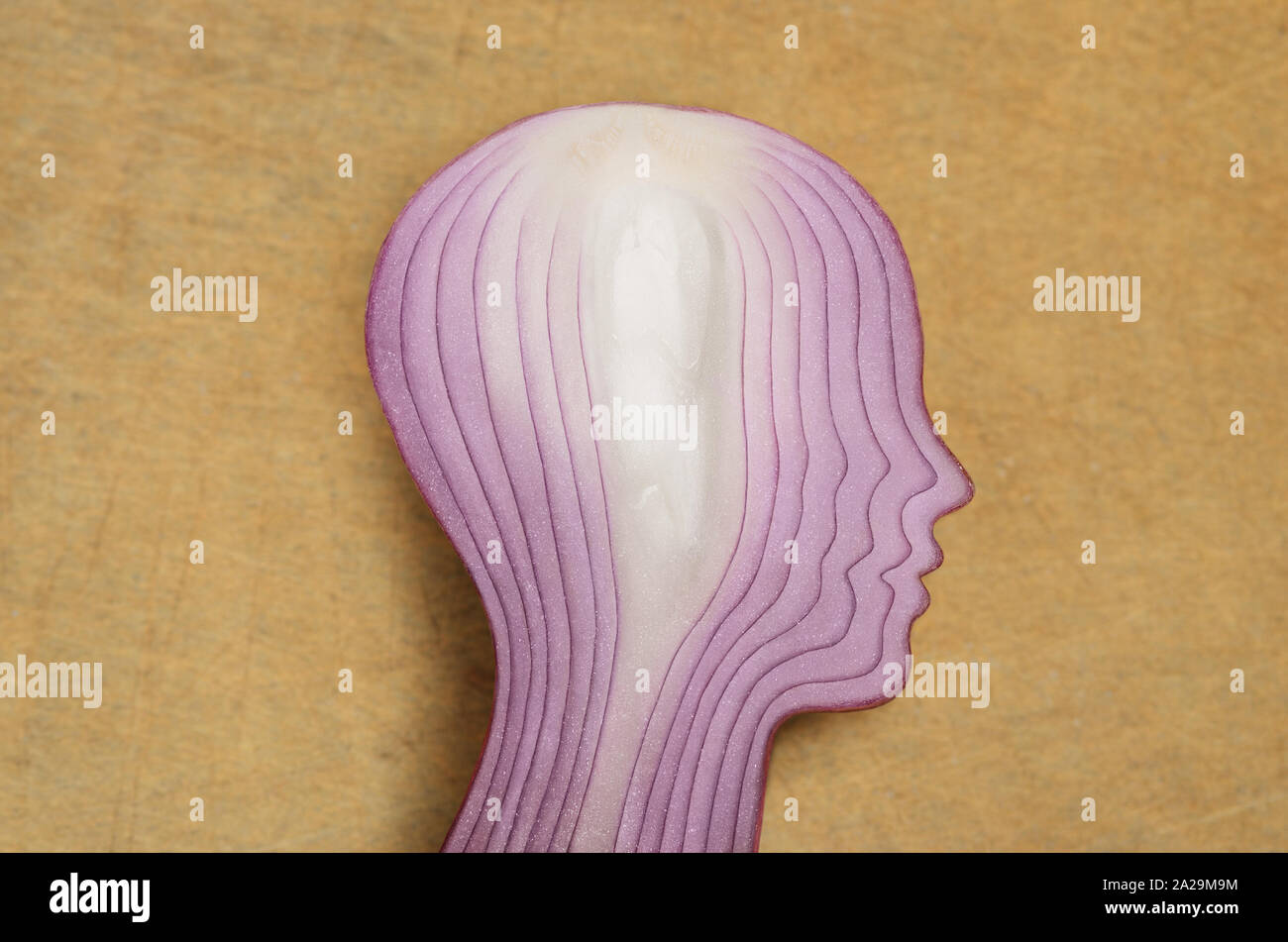 Layers of personality, illustrated by sliced human head shaped onion on