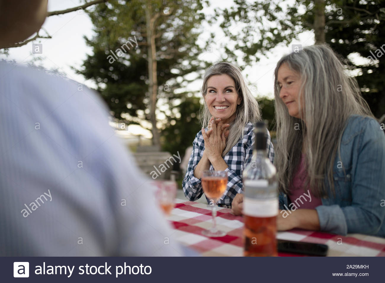 Mature women sitting with wine outside on ranch Stock Photo
