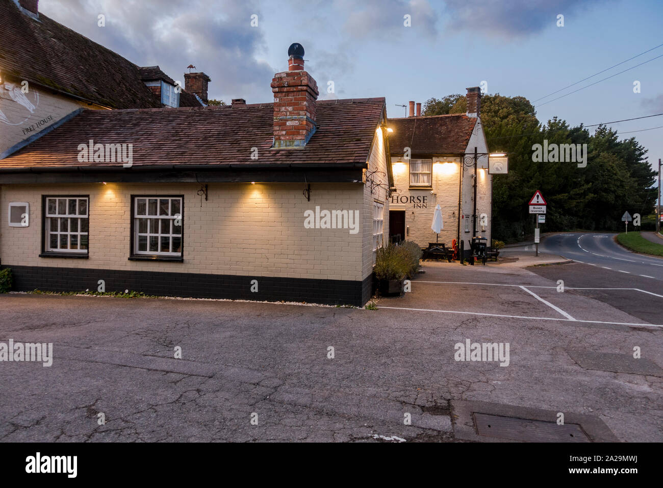 Typical English Pub, roadside restaurant at sunset, Dorset, UK. Stock Photo
