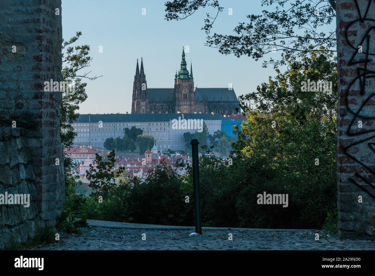 View of Prague Castle with the St. Vitus Cathedral from the viewpoint Petrin in the Mala Strana district on sunny day with blue sky looking through a Stock Photo