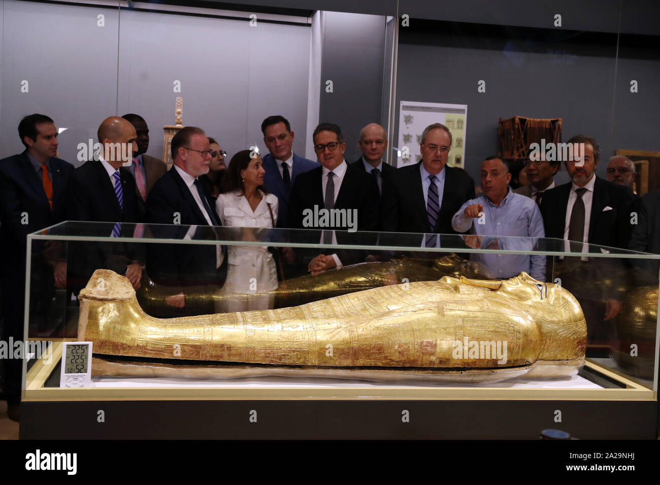 Cairo, Egypt. 1st Oct, 2019. The coffin of Nedjemankh is displayed at the National Museum of Egyptian Civilization in Cairo, Egypt, on Oct. 1, 2019. A gilded coffin that dated back to the Ptolemaic dynasty, dissolved in 50 B.C., was displayed on Tuesday in the National Museum of Egyptian Civilization (NMEC) in Cairo's Fustat district. The coffin of Nedjemankh, an ancient Egyptian priest, was returned to Egypt on Wednesday after it was determined to be a looted antiquity, said Egyptian Minister of Antiquities, Khaled al-Anany in a press conference. Credit: Ahmed Gomma/Xinhua/Alamy Live News Stock Photo