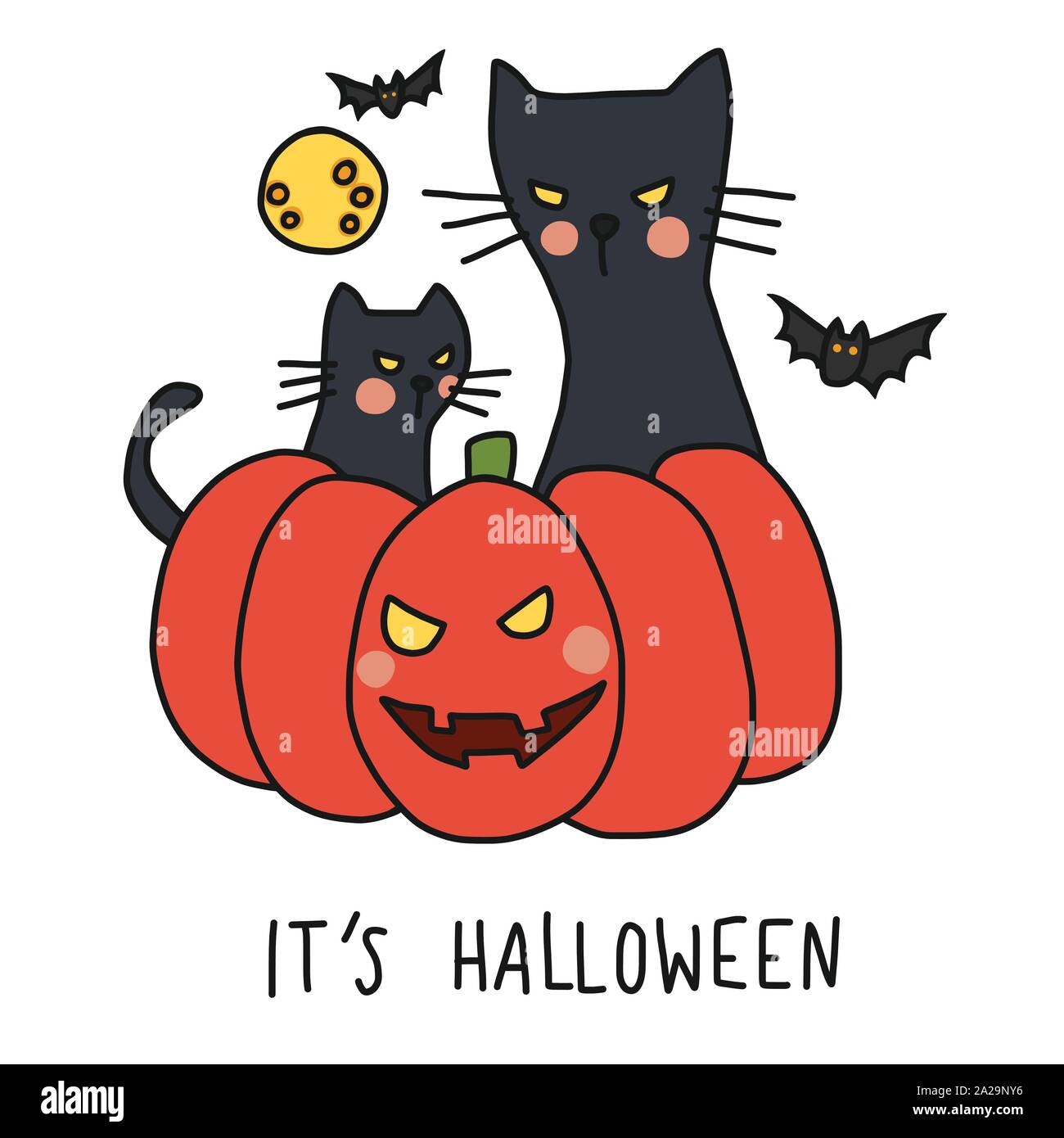 Halloween black cat sit on pumpkin cartoon vector illustration Stock ...