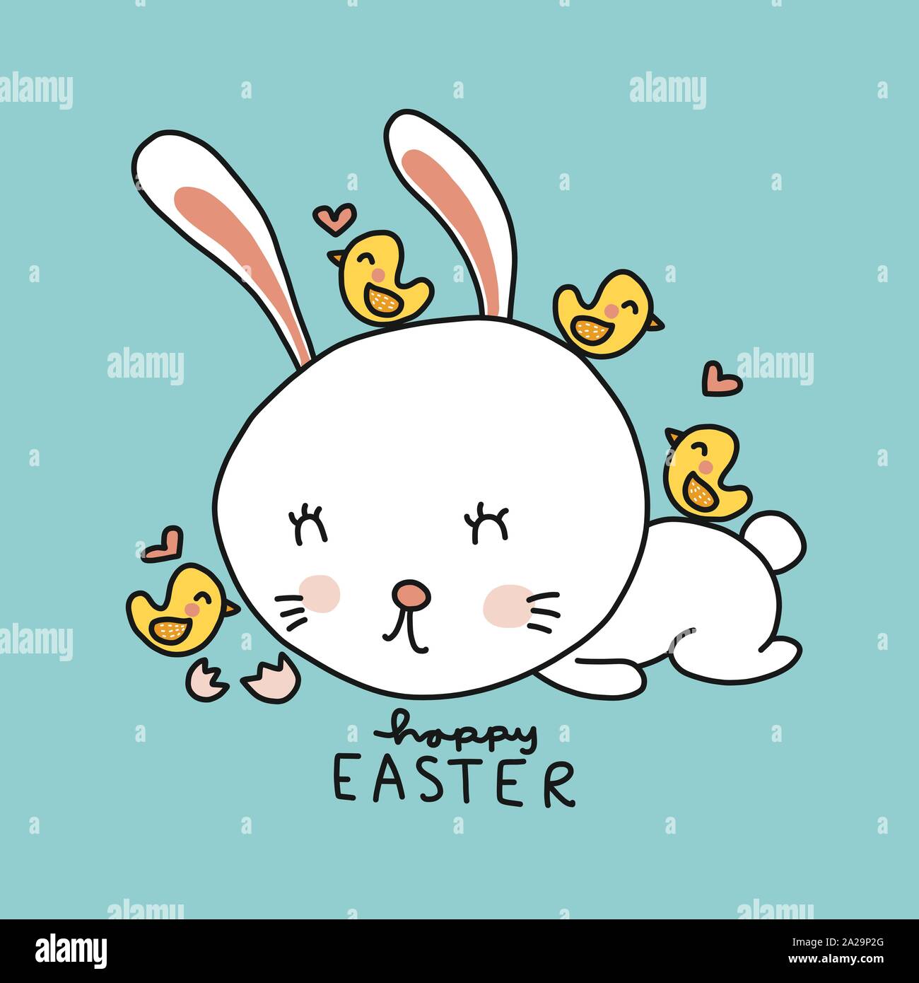 White rabbit and small birds, Happy Easter cartoon vector illustration