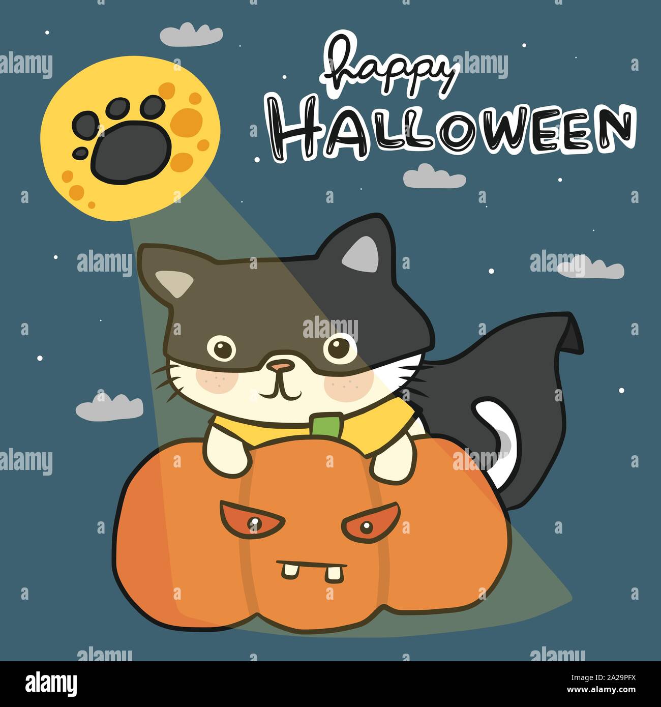 Happy Halloween cat in black mask with pumpkin and full moon cartoon ...