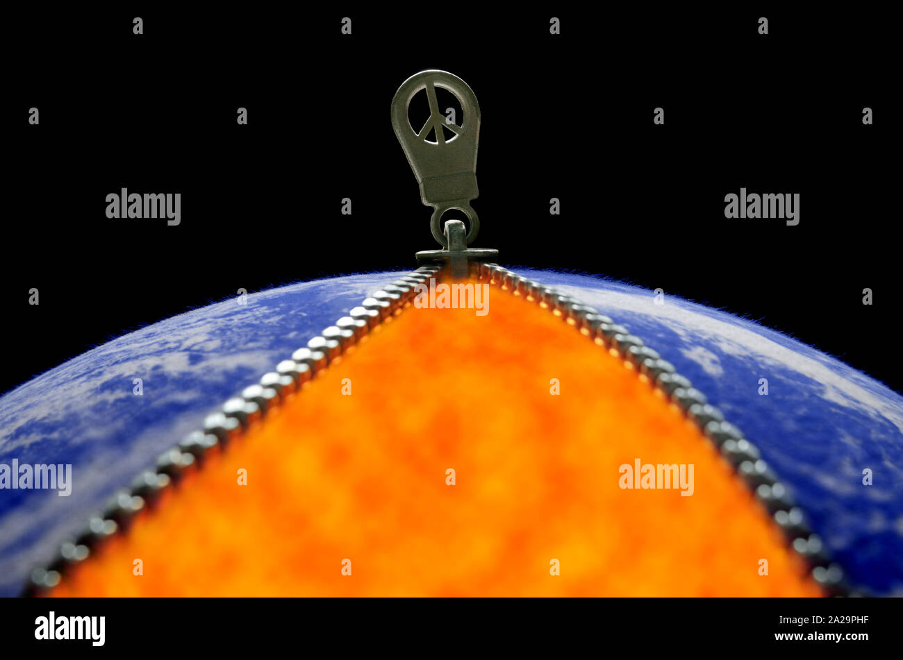 World peace, illustrated by Earth-like fabric ball with opened zipper revealing fire and peace symbol in zipper-pull. Globe image from NASA. Stock Photo