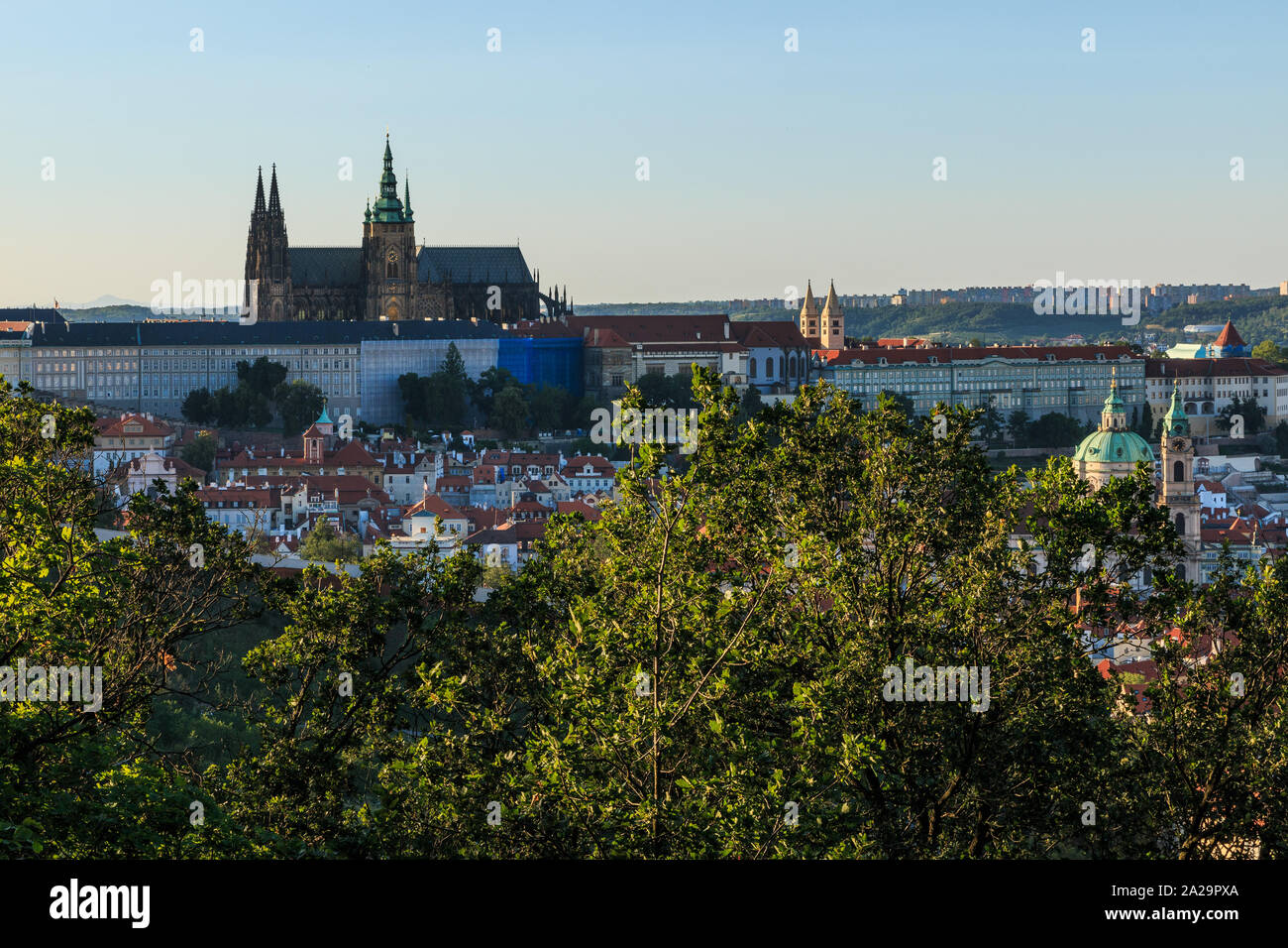 Panoramic view of Prague Castle with the St. Vitus Cathedral above the rooftops of the district Mala Strana from the viewpoint Petrin with blue sky an Stock Photo