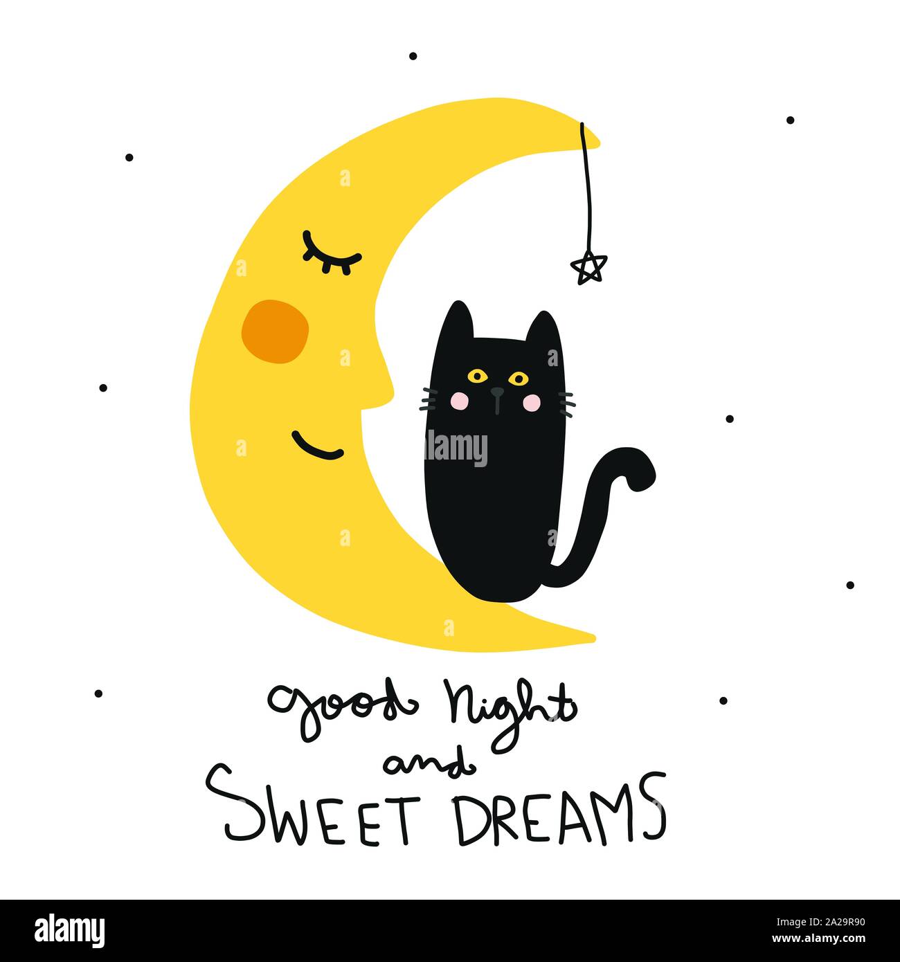 Good night and sweet dreams black cat and half moon smile cartoon vector  illustration doodle style Stock Vector Image & Art - Alamy