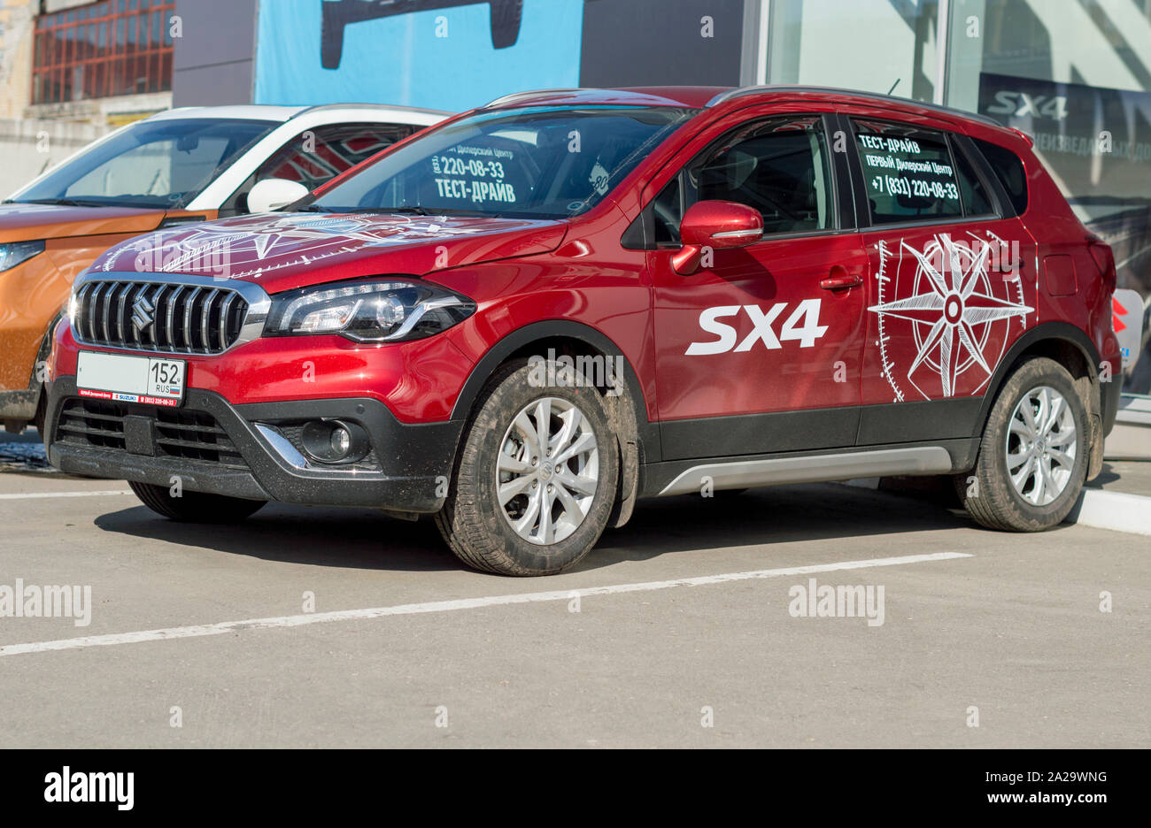 Dealer Center - Mitsubishi. The sample for test driving in the city. Car Mitsubishi SX4  .Russia Stock Photo